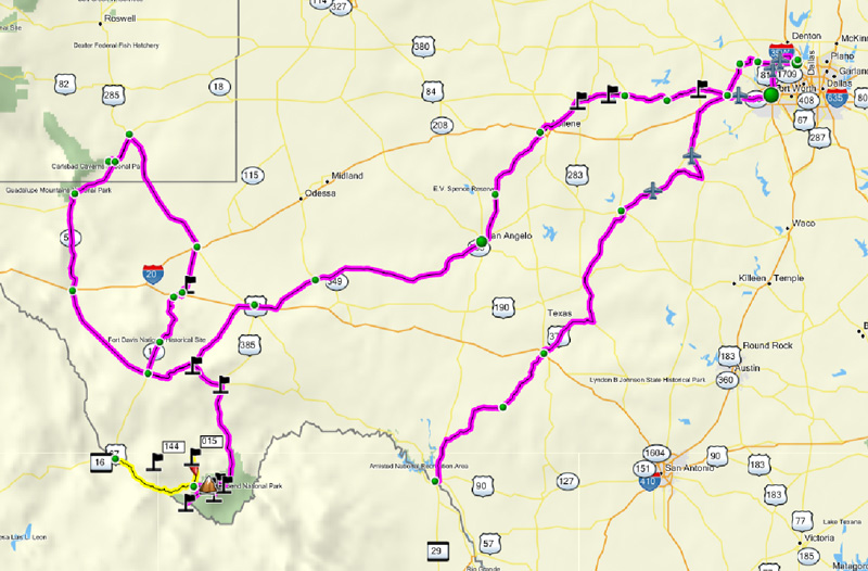 Texas map with routes